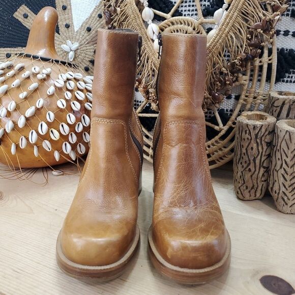 Vintage Y2K 90's Bongo Platform Chunky Heel Women's 7M Leather Tan Boots Brazil - Picture 3 of 16
